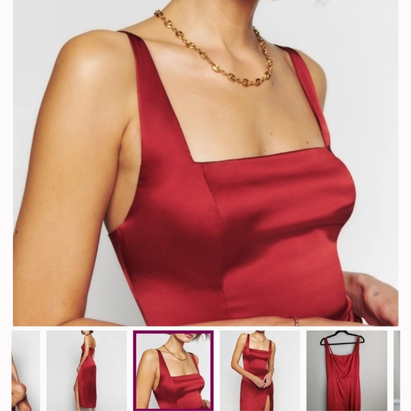 Red silk Reformation Solvang dress in size 6 - midi length with slit. - Picture 3 of 8